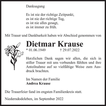 Traueranzeige von Dietmar Krause  von Magdeburger Volksstimme