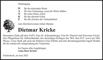 Traueranzeige von Dietmar Kricke  von Magdeburger Volksstimme