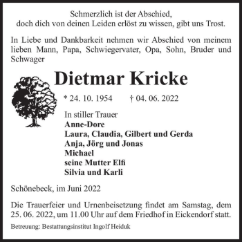 Traueranzeige von Dietmar Kricke  von Magdeburger Volksstimme