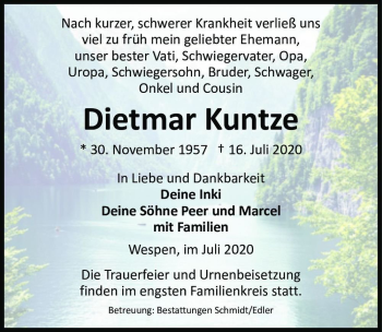 Traueranzeige von Dietmar Kuntze  von Magdeburger Volksstimme