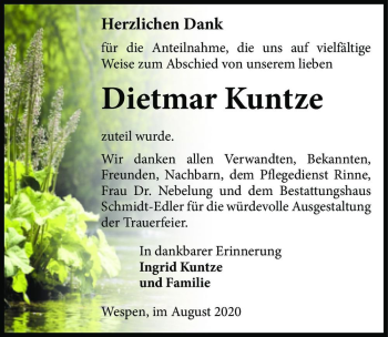 Traueranzeige von Dietmar Kuntze  von Magdeburger Volksstimme