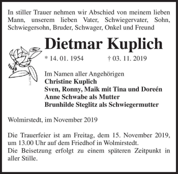 Traueranzeige von Dietmar Kuplich  von Magdeburger Volksstimme