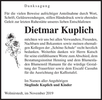 Traueranzeige von Dietmar Kuplich  von Magdeburger Volksstimme