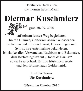 Traueranzeige von Dietmar Kuschmierz  von Magdeburger Volksstimme