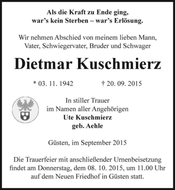 Traueranzeige von Dietmar Kuschmierz  von Magdeburger Volksstimme