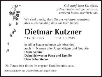 Traueranzeige von Dietmar Kutzner  von Magdeburger Volksstimme