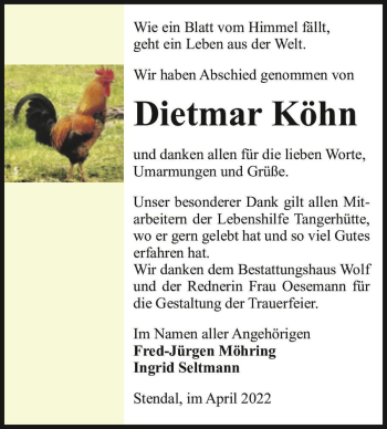 Traueranzeige von Dietmar Köhn  von Magdeburger Volksstimme
