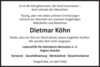 Traueranzeige von Dietmar Köhn  von Magdeburger Volksstimme
