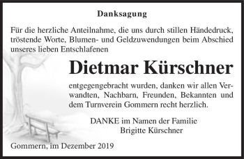 Traueranzeige von Dietmar Kürschner  von Magdeburger Volksstimme