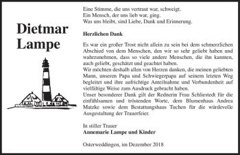 Traueranzeige von Dietmar Lampe  von Magdeburger Volksstimme