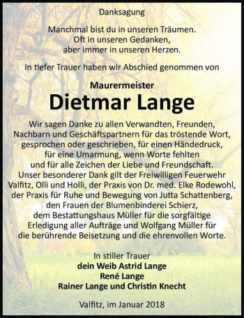 Traueranzeige von Dietmar Lange  von Magdeburger Volksstimme