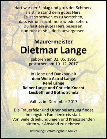 Traueranzeige von Dietmar Lange  von Magdeburger Volksstimme