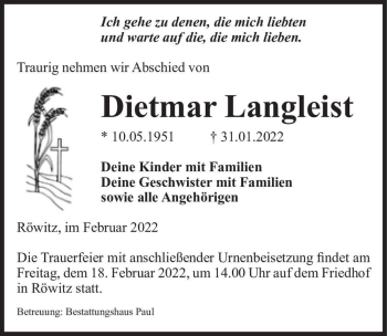 Traueranzeige von Dietmar Langleist  von Magdeburger Volksstimme