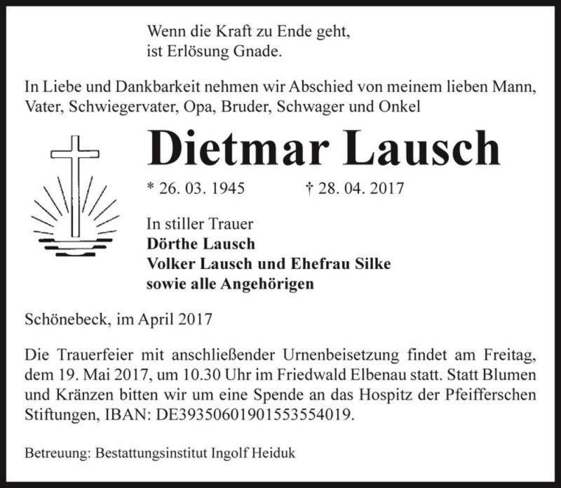  Traueranzeige für Dietmar Lausch  vom 06.05.2017 aus Magdeburger Volksstimme