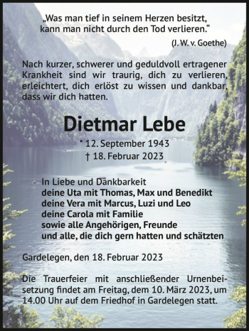 Traueranzeige von Dietmar Lebe  von Magdeburger Volksstimme
