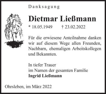 Traueranzeige von Dietmar Ließmann  von Magdeburger Volksstimme