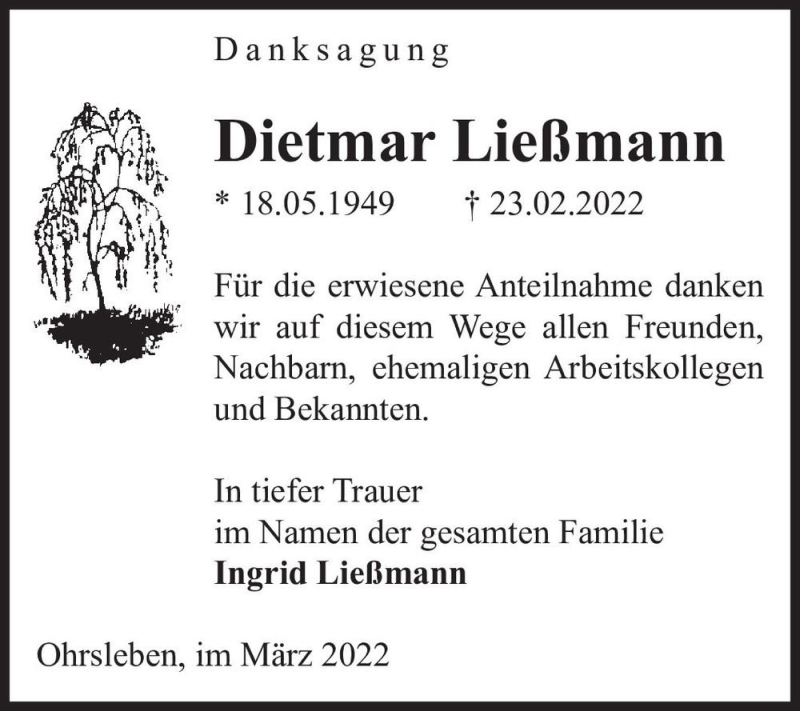  Traueranzeige für Dietmar Ließmann  vom 26.03.2022 aus Magdeburger Volksstimme