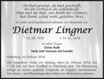 Traueranzeige von Dietmar Lingner  von Magdeburger Volksstimme