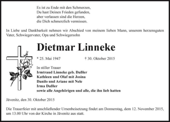 Traueranzeige von Dietmar Linneke  von Magdeburger Volksstimme