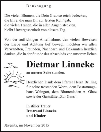 Traueranzeige von Dietmar Linneke  von Magdeburger Volksstimme
