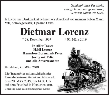 Traueranzeige von Dietmar Lorenz  von Magdeburger Volksstimme