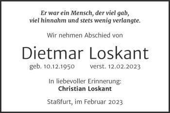 Traueranzeige von Dietmar Loskant  von Magdeburger Volksstimme