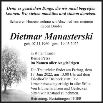Traueranzeige von Dietmar Manasterski  von Magdeburger Volksstimme