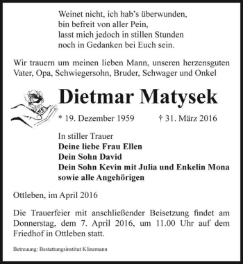 Traueranzeige von Dietmar Matysek  von Magdeburger Volksstimme