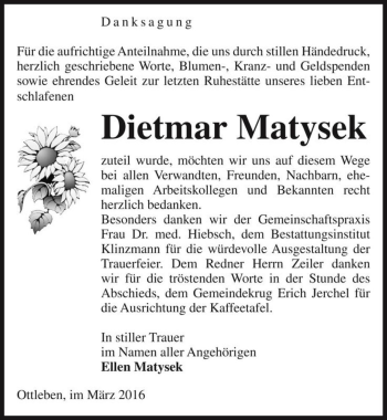 Traueranzeige von Dietmar Matysek  von Magdeburger Volksstimme