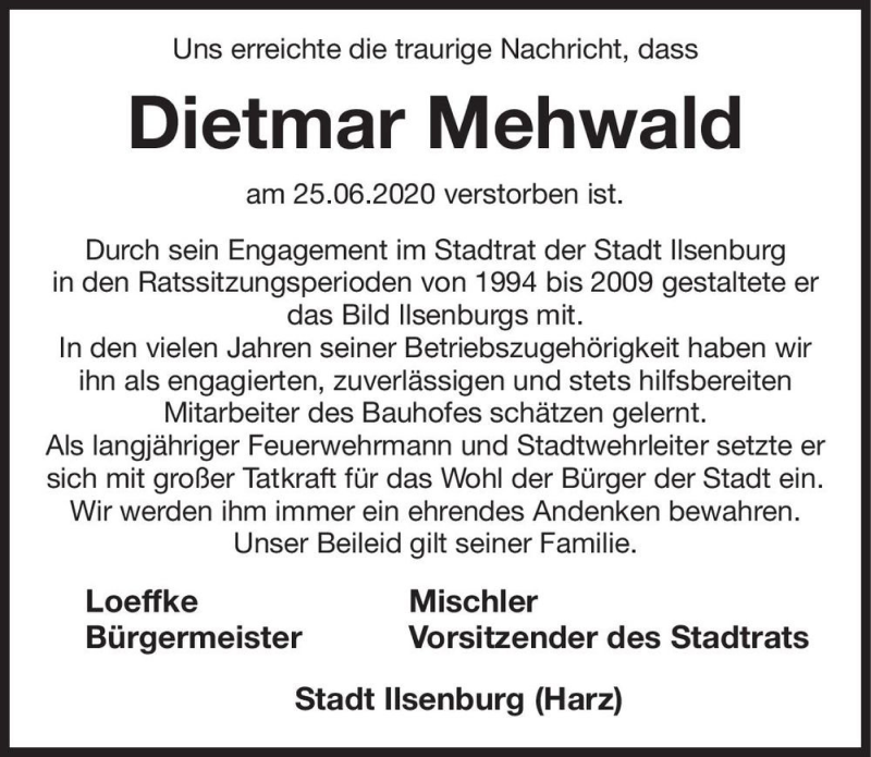 Traueranzeige für Dietmar Mehwald  vom 11.07.2020 aus Magdeburger Volksstimme