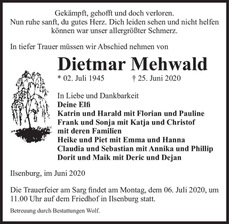  Traueranzeige für Dietmar Mehwald  vom 01.07.2020 aus Magdeburger Volksstimme