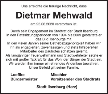 Traueranzeige von Dietmar Mehwald  von Magdeburger Volksstimme