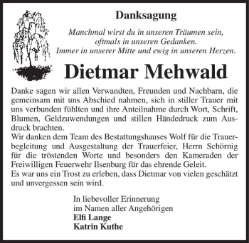 Traueranzeige von Dietmar Mehwald  von Magdeburger Volksstimme