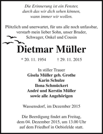 Traueranzeige von Dietmar Müller  von Magdeburger Volksstimme