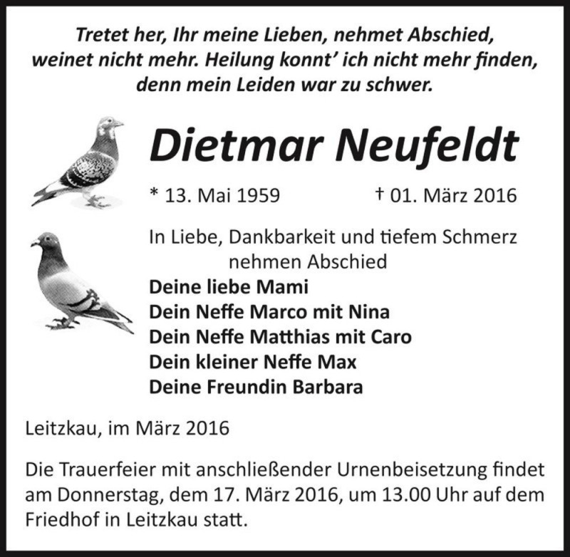  Traueranzeige für Dietmar Neufeldt  vom 05.03.2016 aus Magdeburger Volksstimme