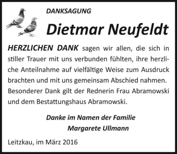 Traueranzeige von Dietmar Neufeldt  von Magdeburger Volksstimme