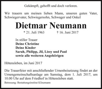 Traueranzeige von Dietmar Neumann  von Magdeburger Volksstimme