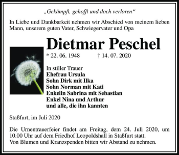 Traueranzeige von Dietmar Peschel  von Magdeburger Volksstimme