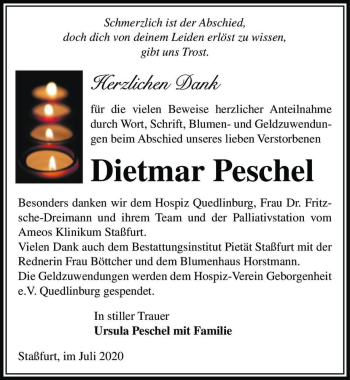 Traueranzeige von Dietmar Peschel  von Magdeburger Volksstimme
