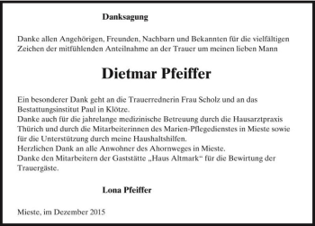 Traueranzeige von Dietmar Pfeiffer  von Magdeburger Volksstimme