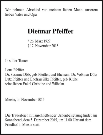 Traueranzeige von Dietmar Pfeiffer  von Magdeburger Volksstimme