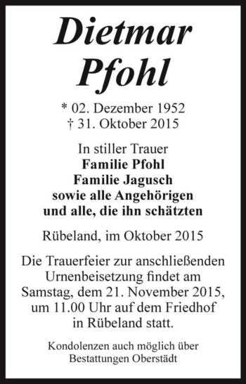 Traueranzeige von Dietmar Pfohl  von Magdeburger Volksstimme