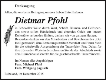 Traueranzeige von Dietmar Pfohl  von Magdeburger Volksstimme