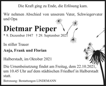Traueranzeige von Dietmar Pieper  von Magdeburger Volksstimme