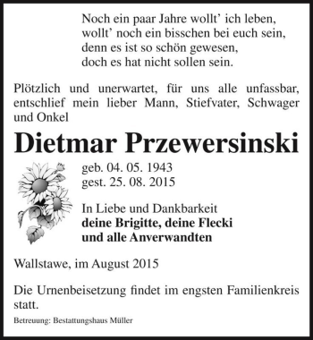 Traueranzeige von Dietmar Przewersinski  von Magdeburger Volksstimme