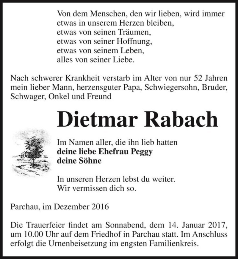  Traueranzeige für Dietmar Rabach  vom 07.01.2017 aus Magdeburger Volksstimme