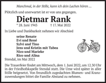 Traueranzeige von Dietmar Rank  von Magdeburger Volksstimme