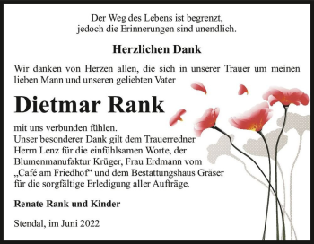 Traueranzeige von Dietmar Rank  von Magdeburger Volksstimme