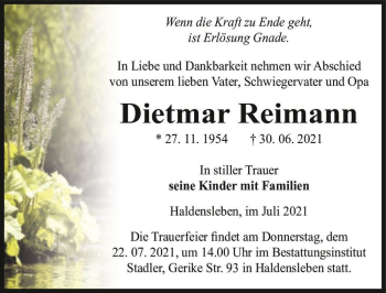 Traueranzeige von Dietmar Reimann  von Magdeburger Volksstimme