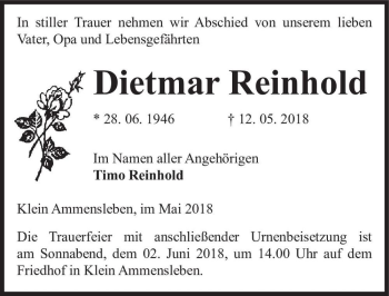 Traueranzeige von Dietmar Reinhold  von Magdeburger Volksstimme